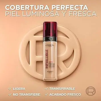 Base de Maquillaje L'Oréal Infaillible 32H Fresh Wear - Tono Lin 100 (30ml)